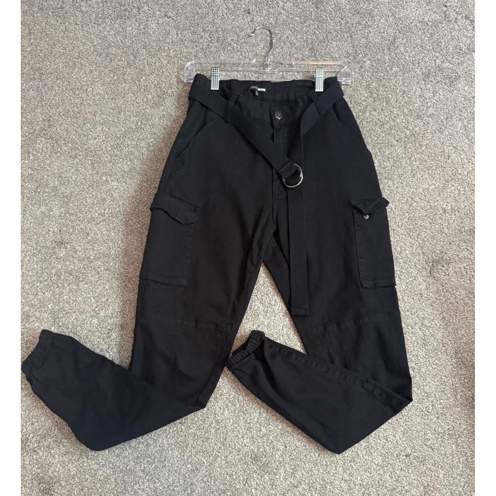 Fashion Nova Womens Black Cargo Jogger Pants Belted Size M